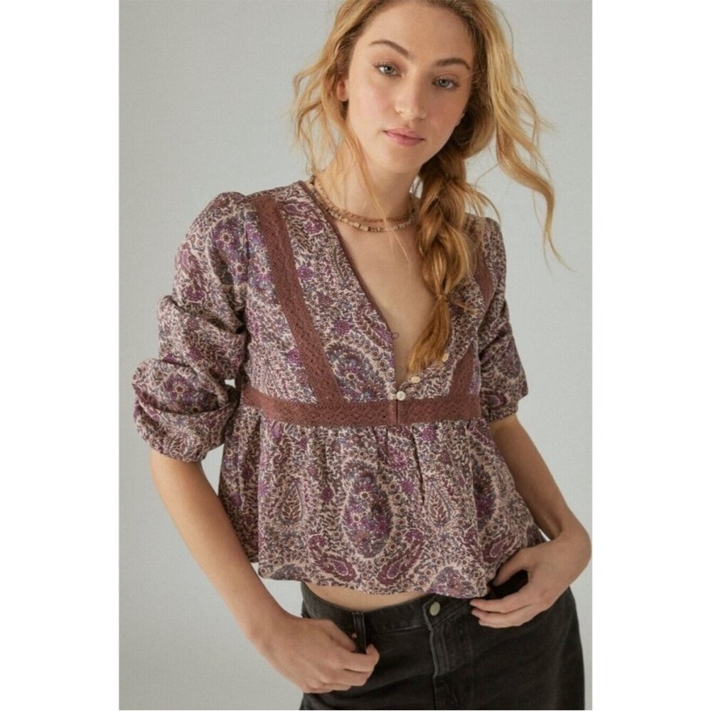 Lucky Brand babydoll top Blouse dark floral whimsigoth witchy romantic boho sz M